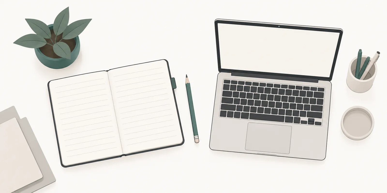 A tidy study desk with an open notebook, a pencil, a laptop and a small plant